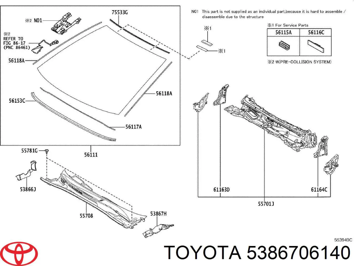 5386706140 Toyota Водостік лобового скла, жабо