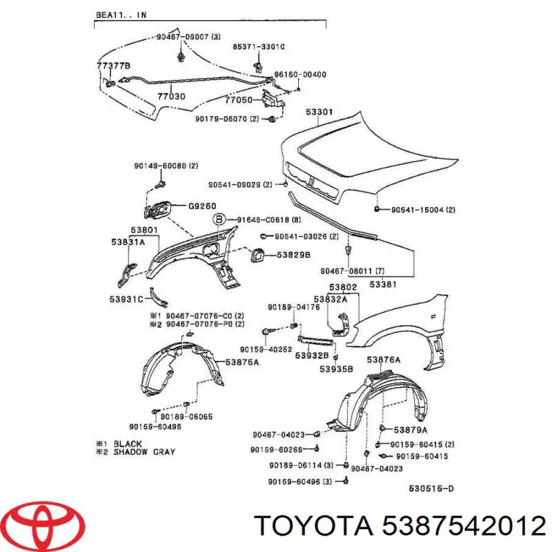 Подкрильнікі переднього крила, правий Toyota 5387542012 ціна, від 17.18 USD