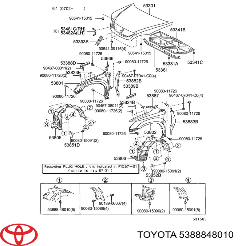 Купити 5388848010 Toyota Пістон (кліп) кріплення підкрилки переднього крила