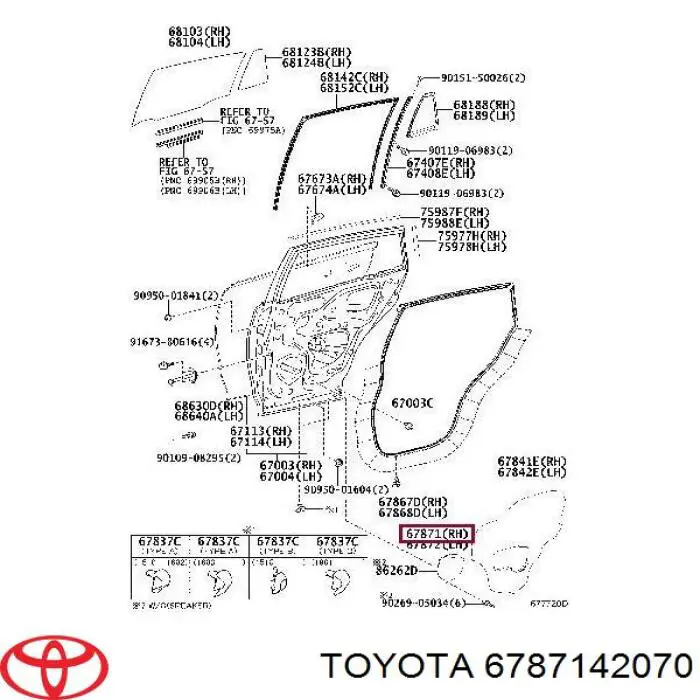 Ущільнювач дверей задніх, правих (на кузові) Toyota 6787142070 ціна, від 15.20 USD