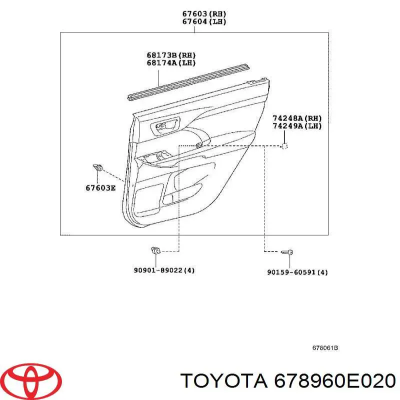 678960E020 Toyota Прокладка дверей задніх, лівих (на двері)