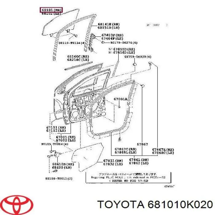 681010K111 Toyota скло передніх дверей, правою