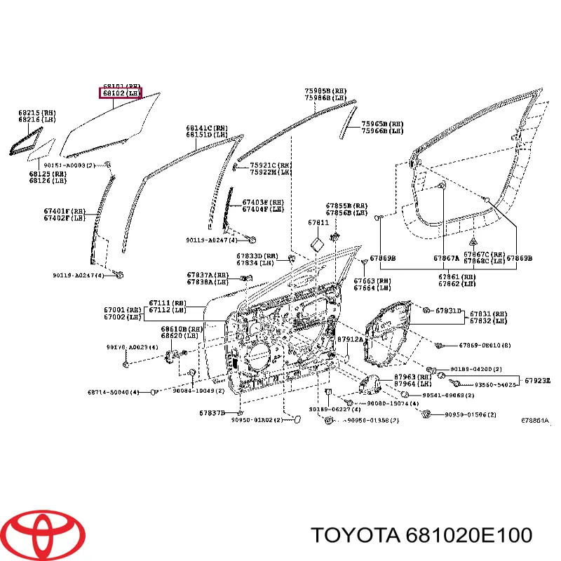 681020E100 Toyota Скло водійських дверей
