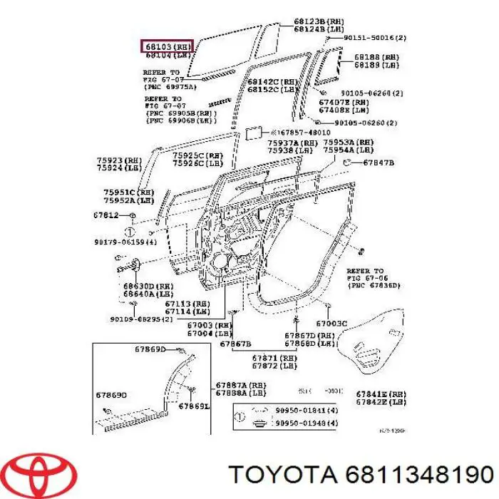 Скло задньої двері правої 6811348190 Toyota