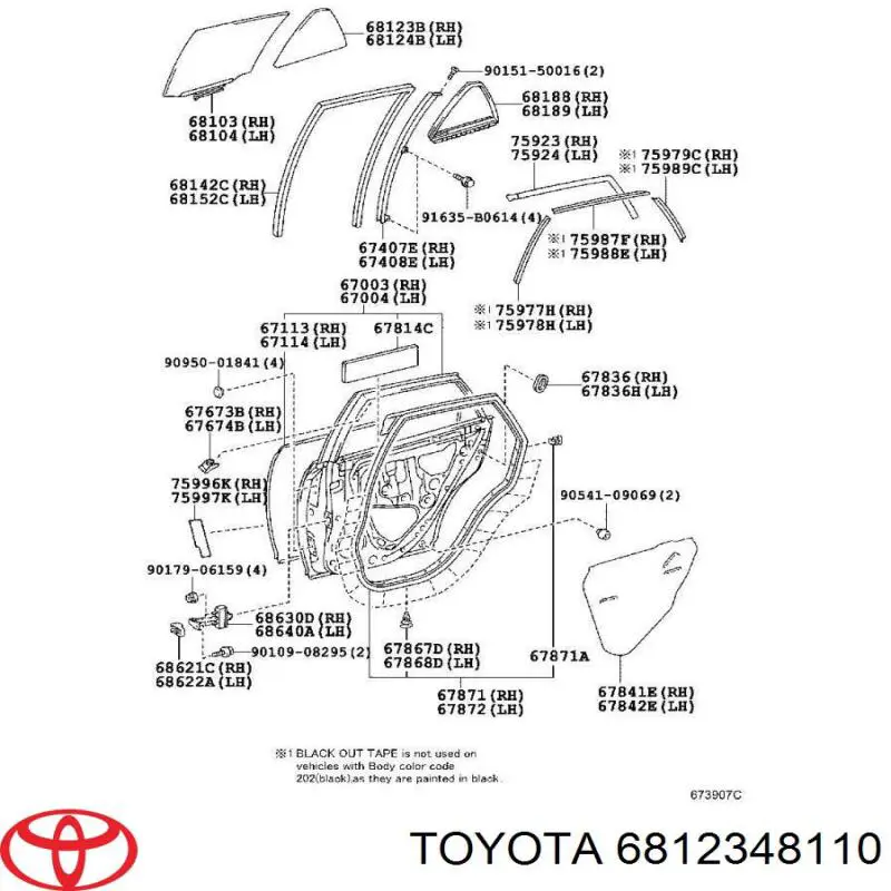 6812348110 Toyota скло-кватирка двері, задній, правій