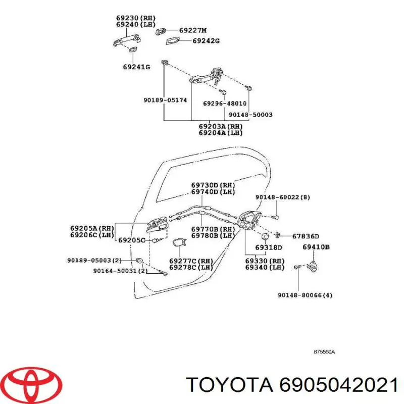 6905042021 Toyota замок задньої дверї, правої