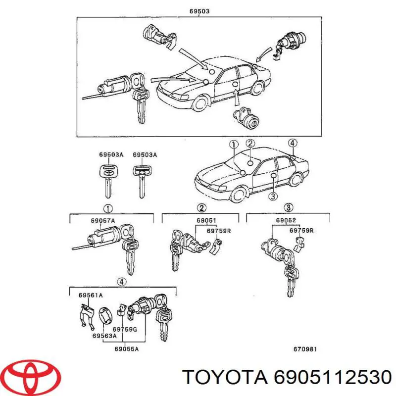 Личинка замка дверей передньої, правої Toyota 6905112530 ціна, від 111.61 USD