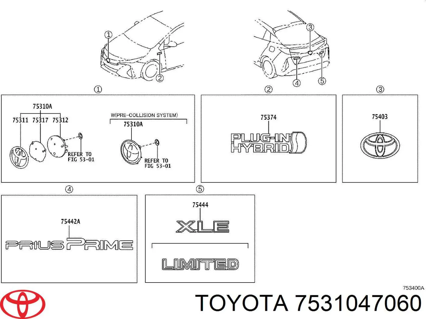Емблема на решітку радіатора Toyota 7531047060 ціна, від 17.49 USD