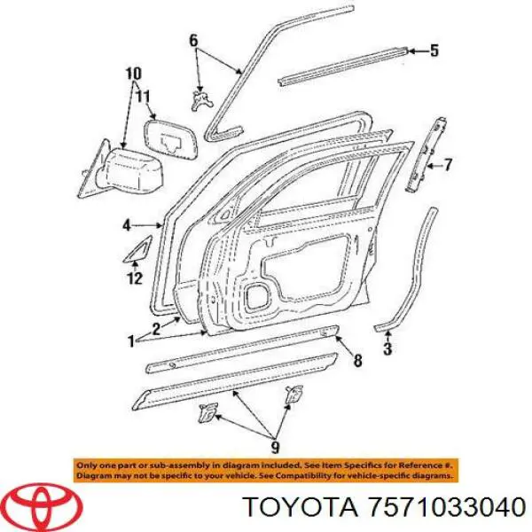 Молдинг опускного скла нижній, двері передньої, правої 7571033040 Toyota