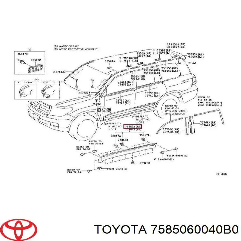 Накладка зовнішня (молдинг) порога, правий 7585060040B0 Toyota