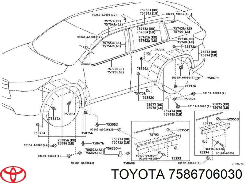 Пістон (кліп) кріплення накладок порогів Toyota 7586706030 ціна, від 0.85 USD
