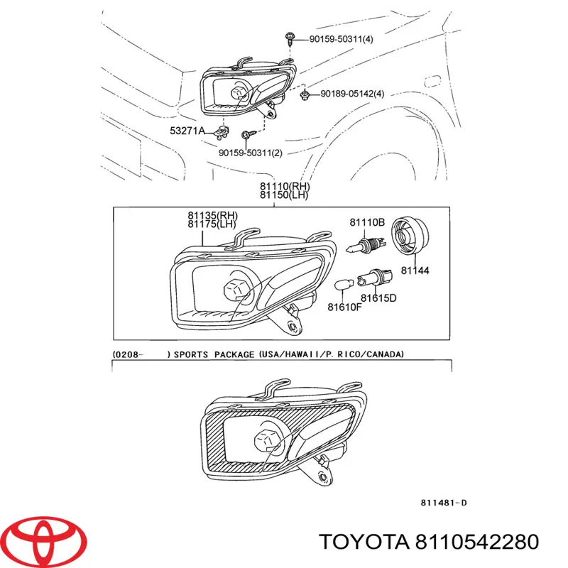 Фара правая Toyota 8110542280 ціна, від 263.27 USD