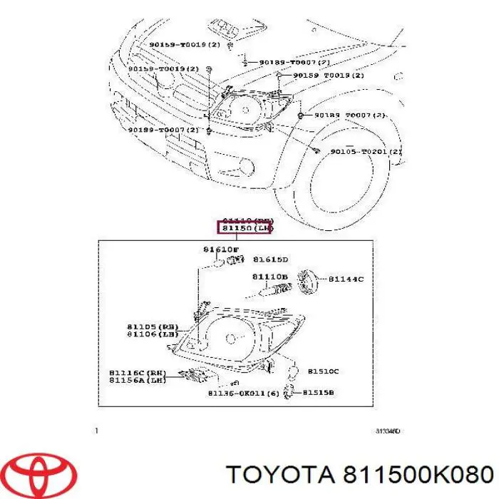811500K080 Toyota Фара дальнього світла в зборі