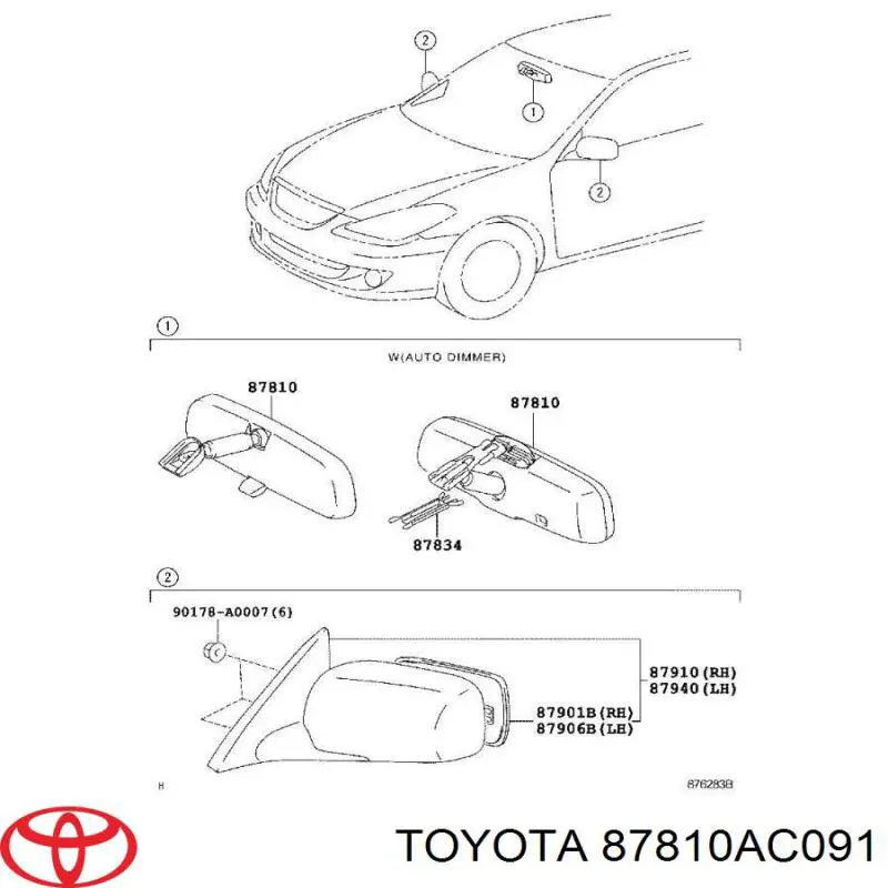 Дзеркало заднього виду в салоні Toyota 87810AC091 ціна, від 76.19 USD