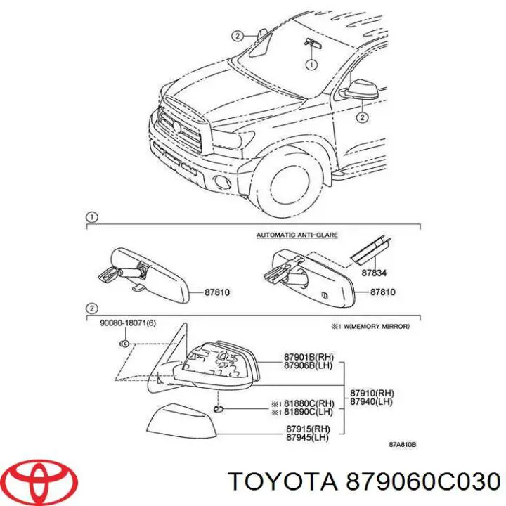 Купити 879060C030 Toyota Дзеркальний елемент дзеркала заднього виду, лівого