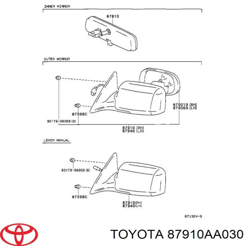 Дзеркало заднього виду, праве 87910AA030 Toyota