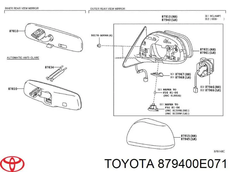 Ліве бічне дзеркало Toyota 879400E071 ціна, від 192.16 USD