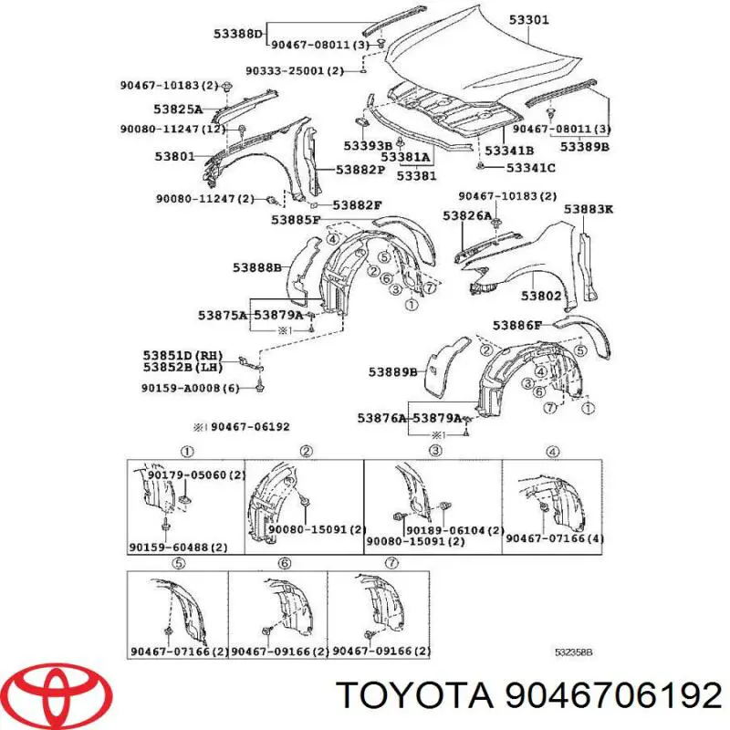 Купити 9046706192 Toyota Пістон (кліп) кріплення підкрилки переднього крила