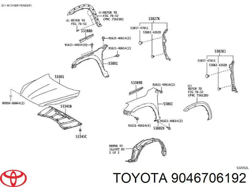 9046706192 Toyota Пістон (кліп) кріплення підкрилки переднього крила