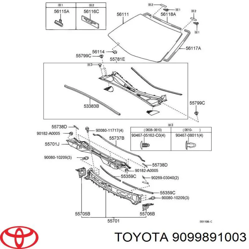 9099891003 Toyota Ущільнювач лобового скла, верхній
