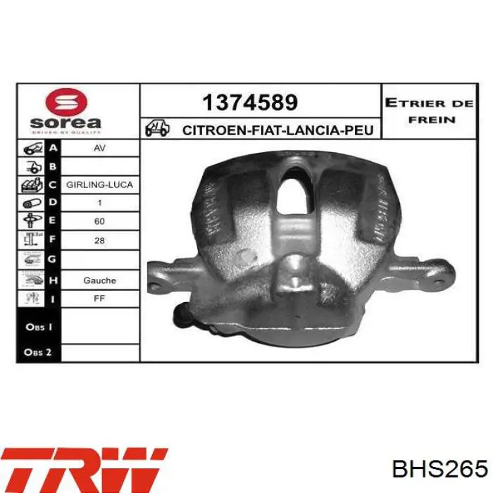 Супорт гальмівний передній лівий TRW BHS265 ціна, від 54.24 USD