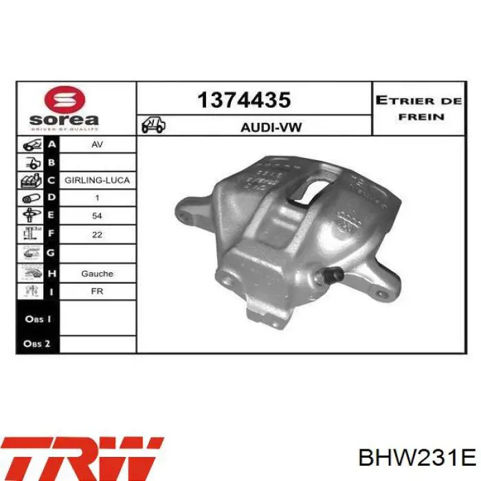 Супорт гальмівний передній лівий BHW231E TRW