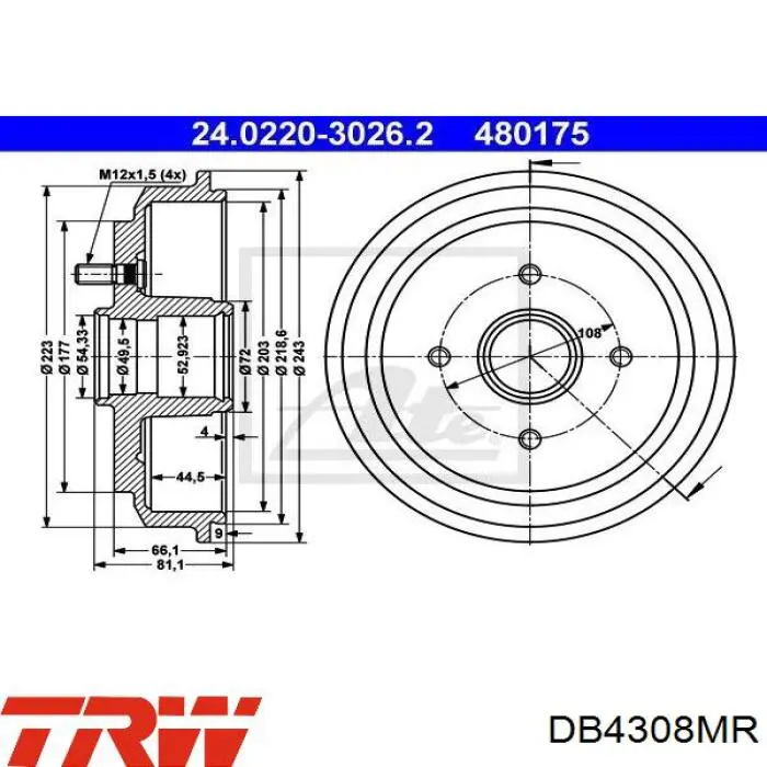 Барабан гальмівний задній TRW DB4308MR