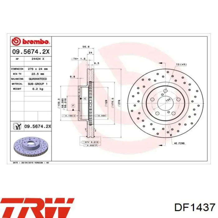 Гальмівні диски передні DF1437 TRW