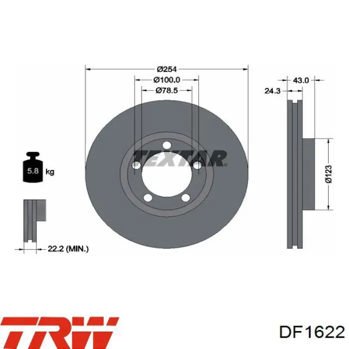 Диск гальмівний передній DF1622 TRW