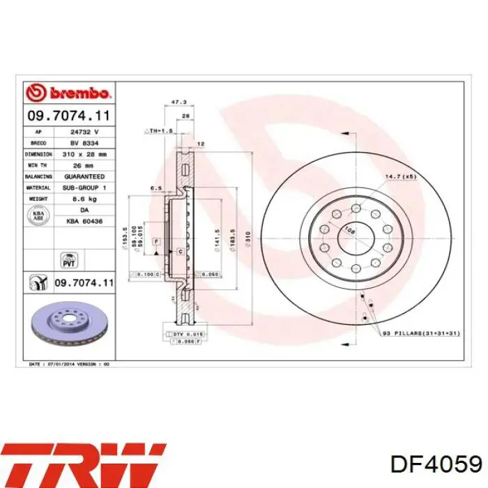Диск гальмівний передній TRW DF4059