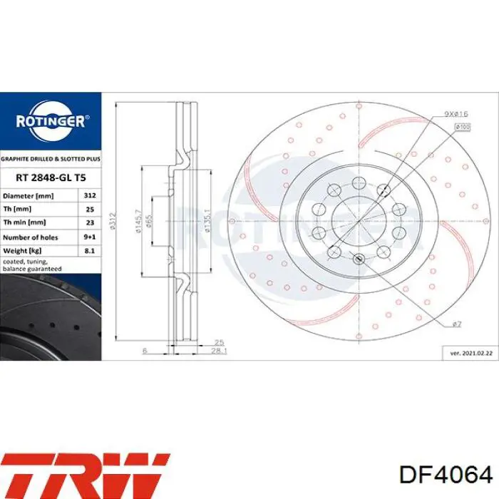 Диск гальмівний передній TRW DF4064