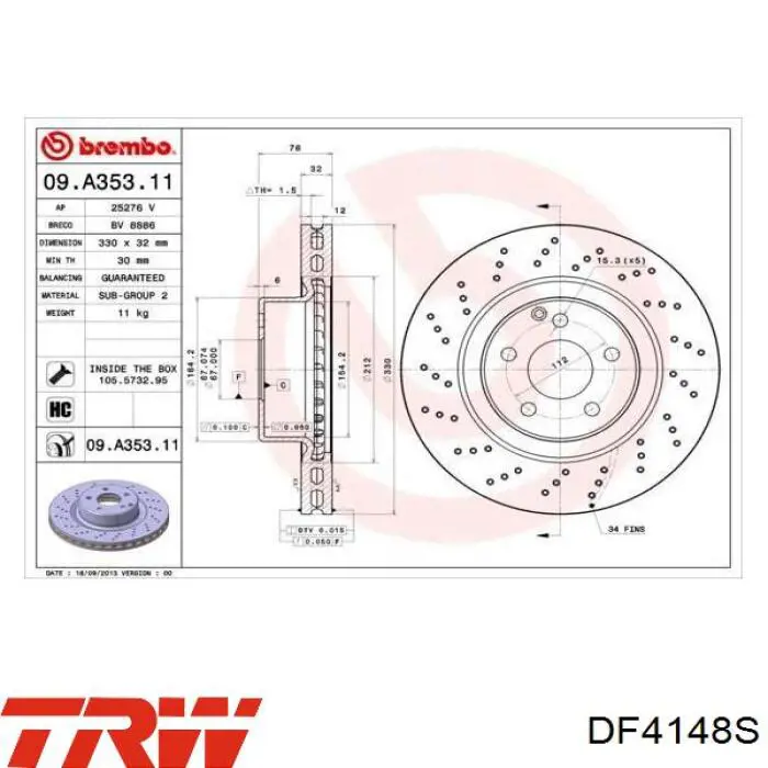 Диск гальмівний передній TRW DF4148S
