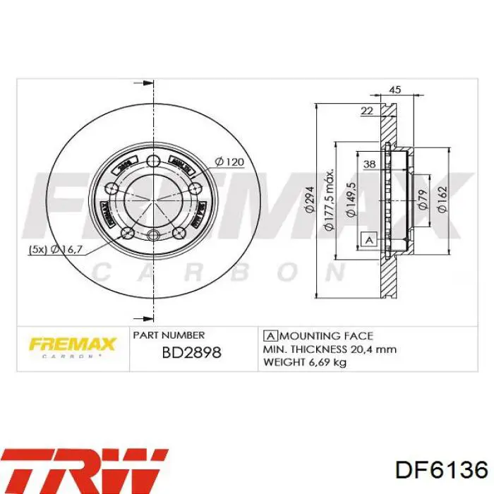 DF6136 TRW Гальмо дискове переднє