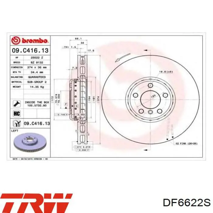 Гальмівні диски передні DF6622S TRW