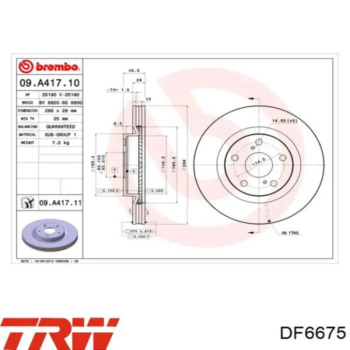 Диск переднього гальма TRW DF6675 ціна, від 52.09 USD