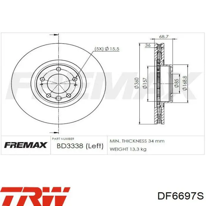 Диск гальмівний передній DF6697S TRW