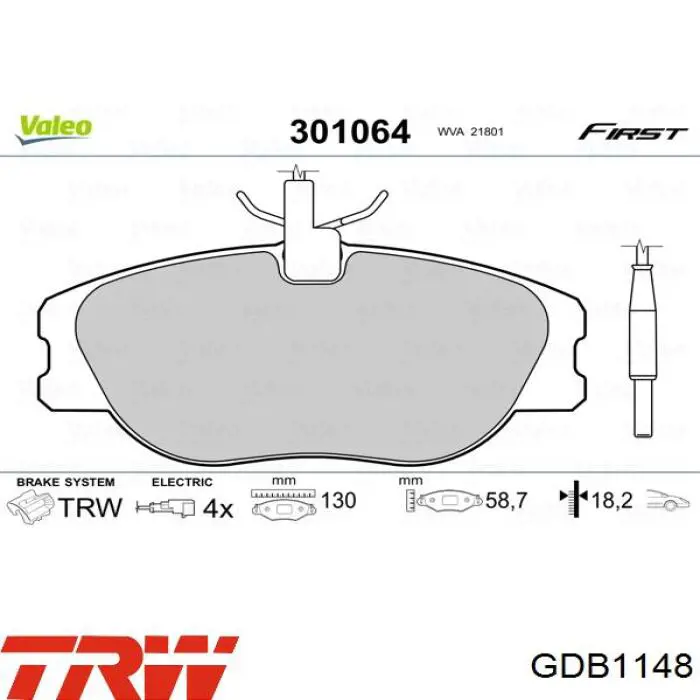 Купити GDB1148 TRW Колодки гальмівні передні, дискові