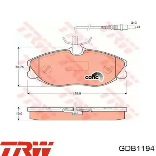 Передні тормозні колодки GDB1194 TRW
