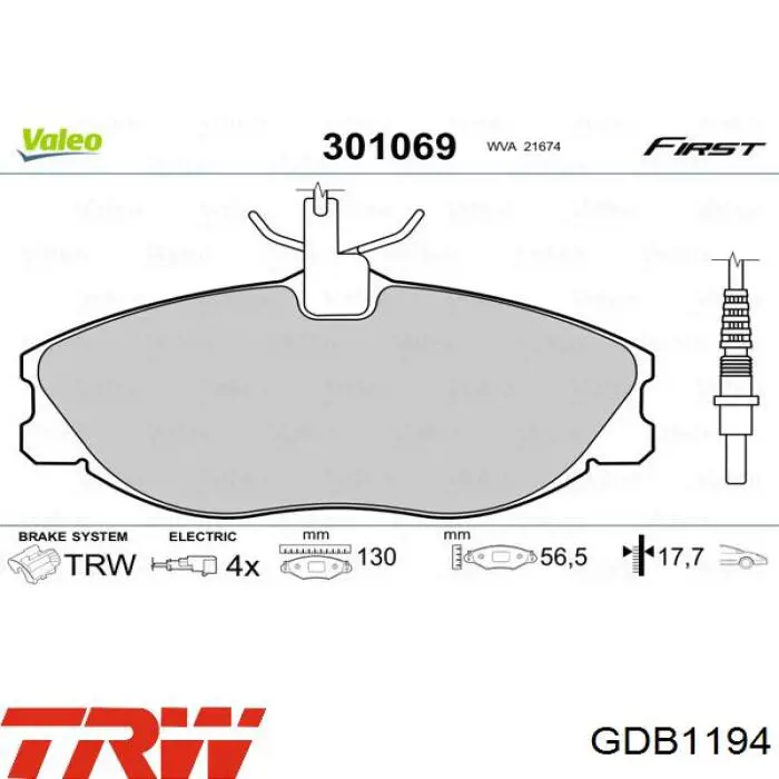 Купити GDB1194 TRW Колодки гальмівні передні, дискові