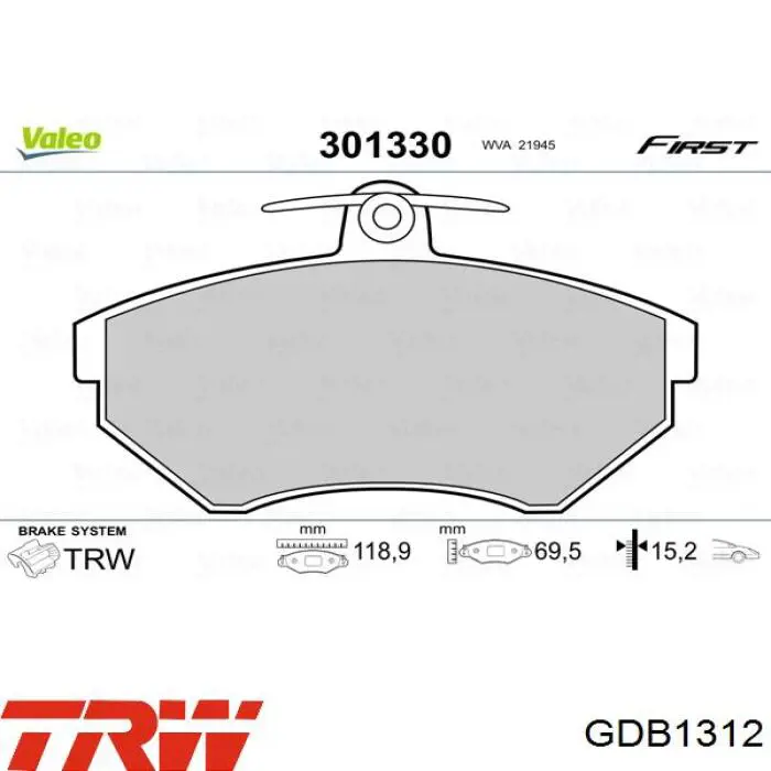 Передні тормозні колодки GDB1312 TRW