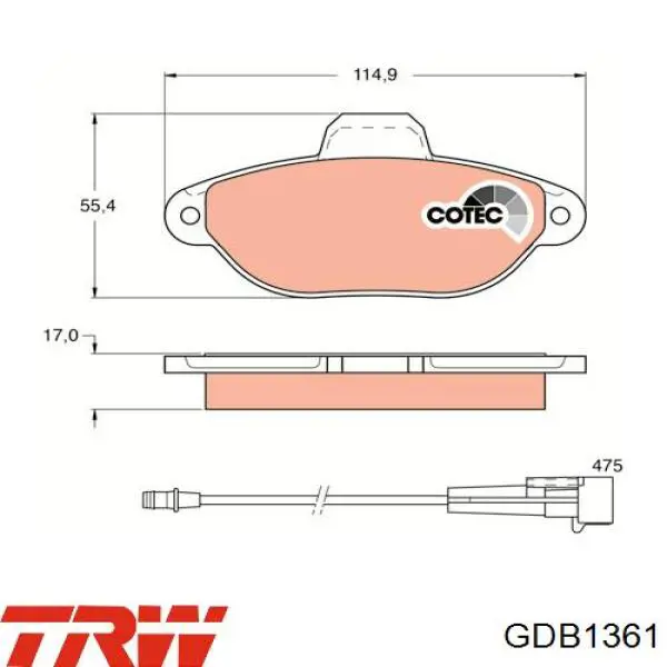 Купити GDB1361 TRW Колодки гальмівні передні, дискові