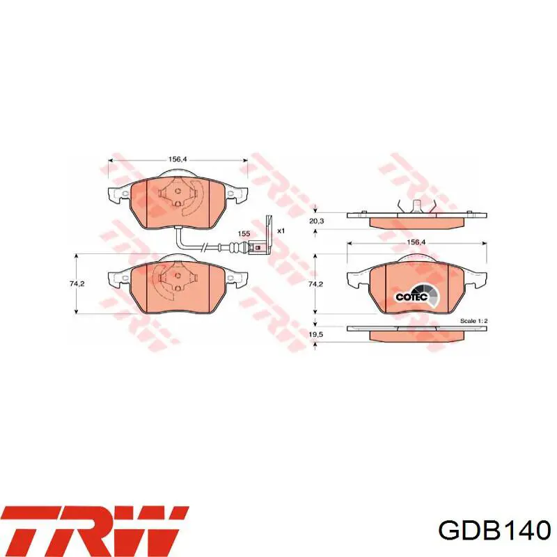 GDB140 TRW колодки гальмівні передні, дискові
