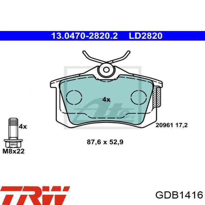 Задні гальмівні колодки GDB1416 TRW