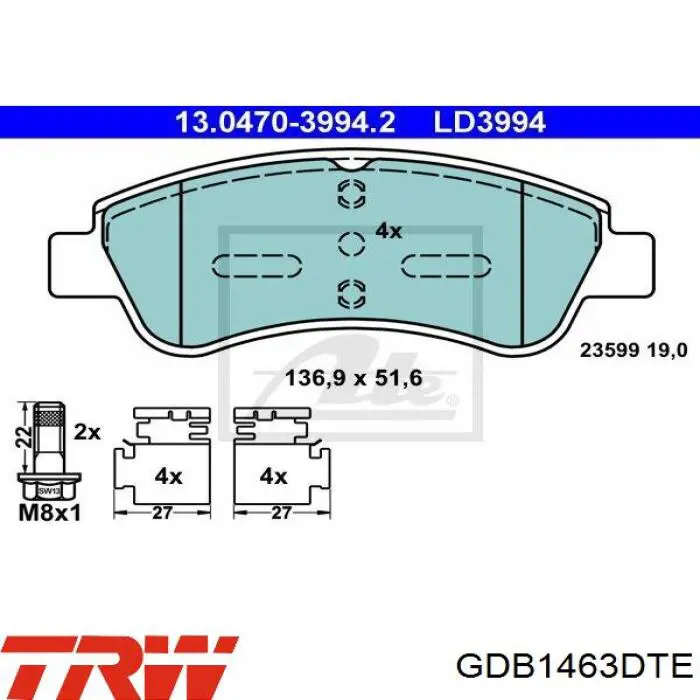 Гальмівні колодки TRW GDB1463DTE ціна, від 21.10 USD