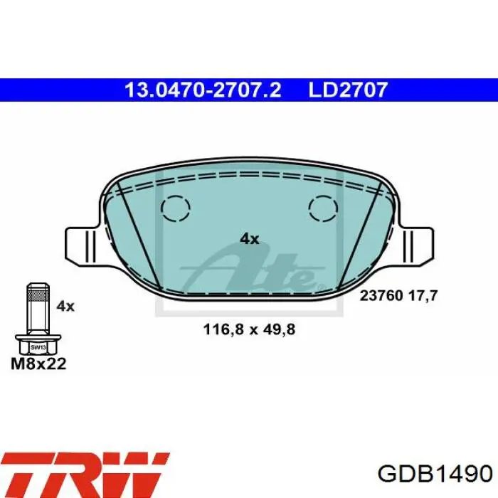 Задні гальмівні колодки GDB1490 TRW