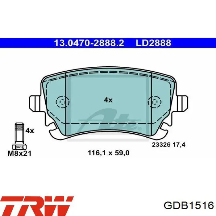 Задні гальмівні колодки GDB1516 TRW