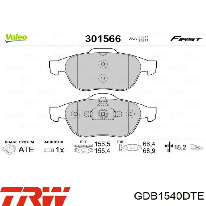 Купити GDB1540DTE TRW Колодки гальмівні передні, дискові
