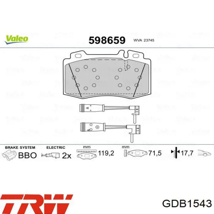 Купити GDB1543 TRW Колодки гальмівні передні, дискові