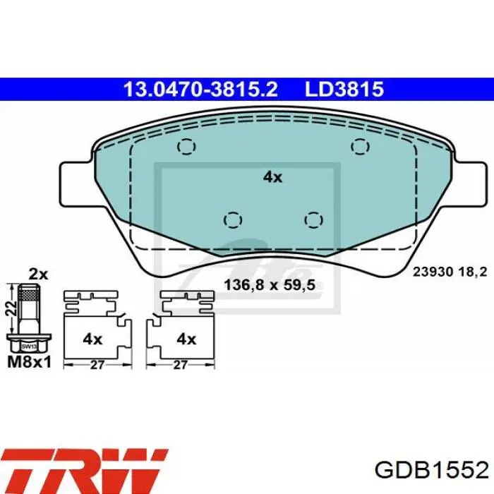 Купити GDB1552 TRW Колодки гальмівні передні, дискові