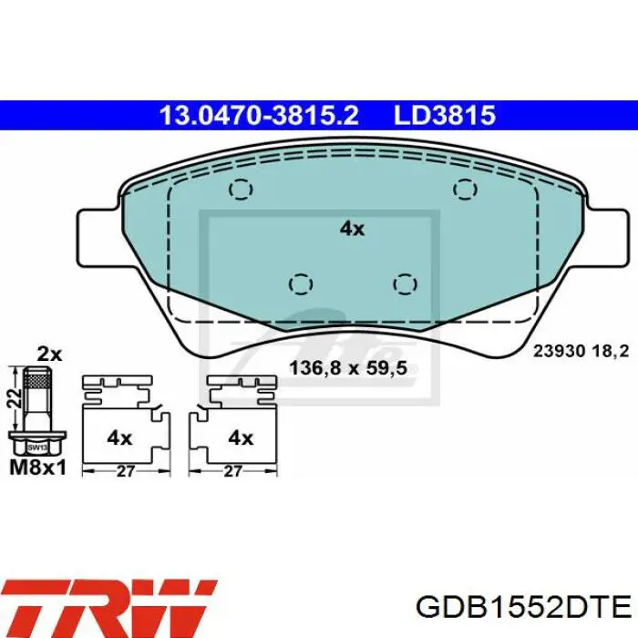 Передні тормозні колодки GDB1552DTE TRW